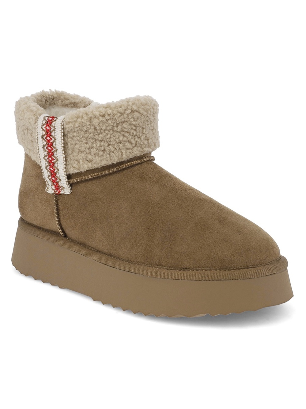 MIA Tan Shearling-Cuff Suede Ankle Bootie